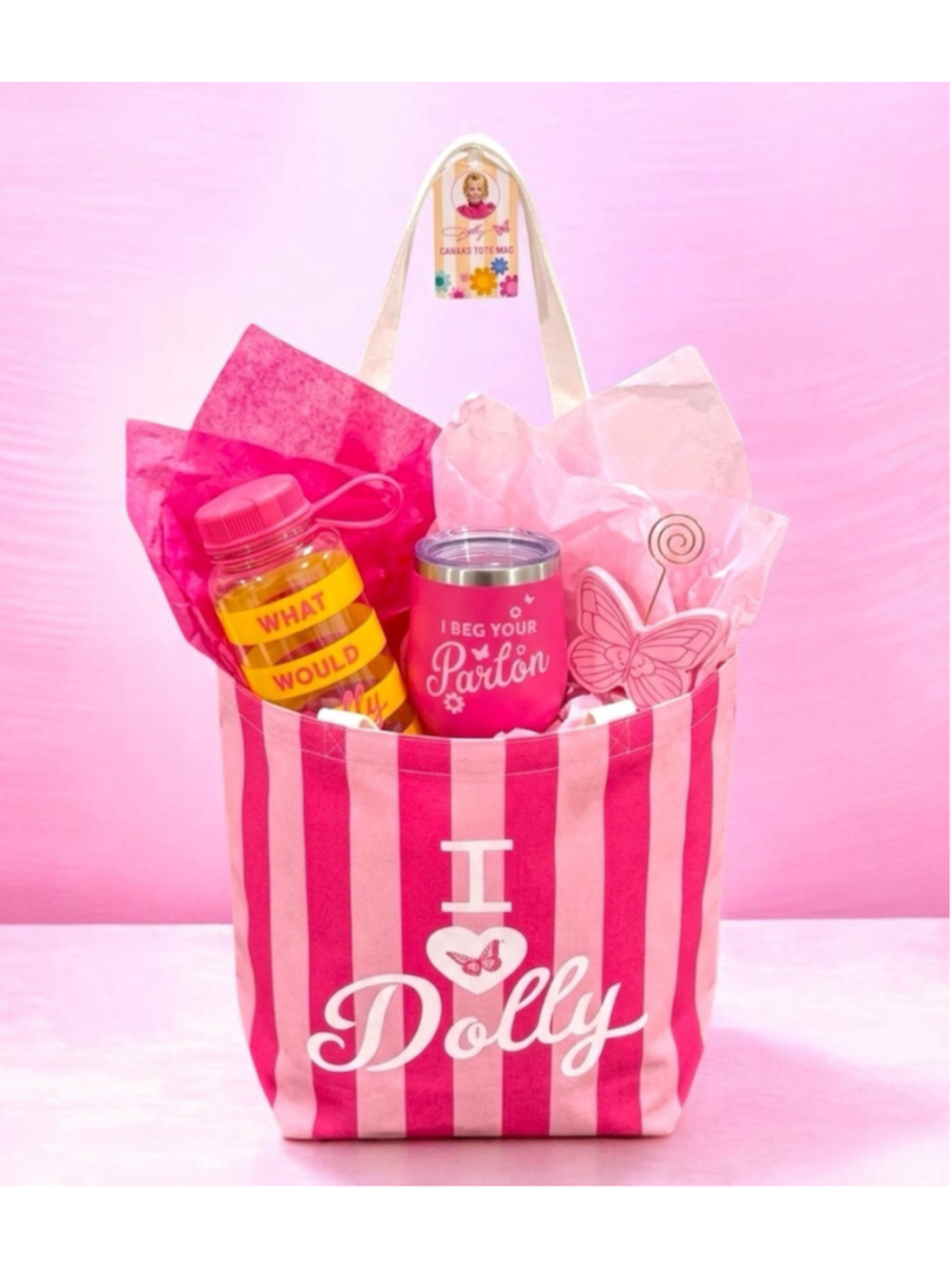 Dolly Parton Pink 4pc Gift Set Canvas Tote Tumbler Water Bottle Pic Holder NEW